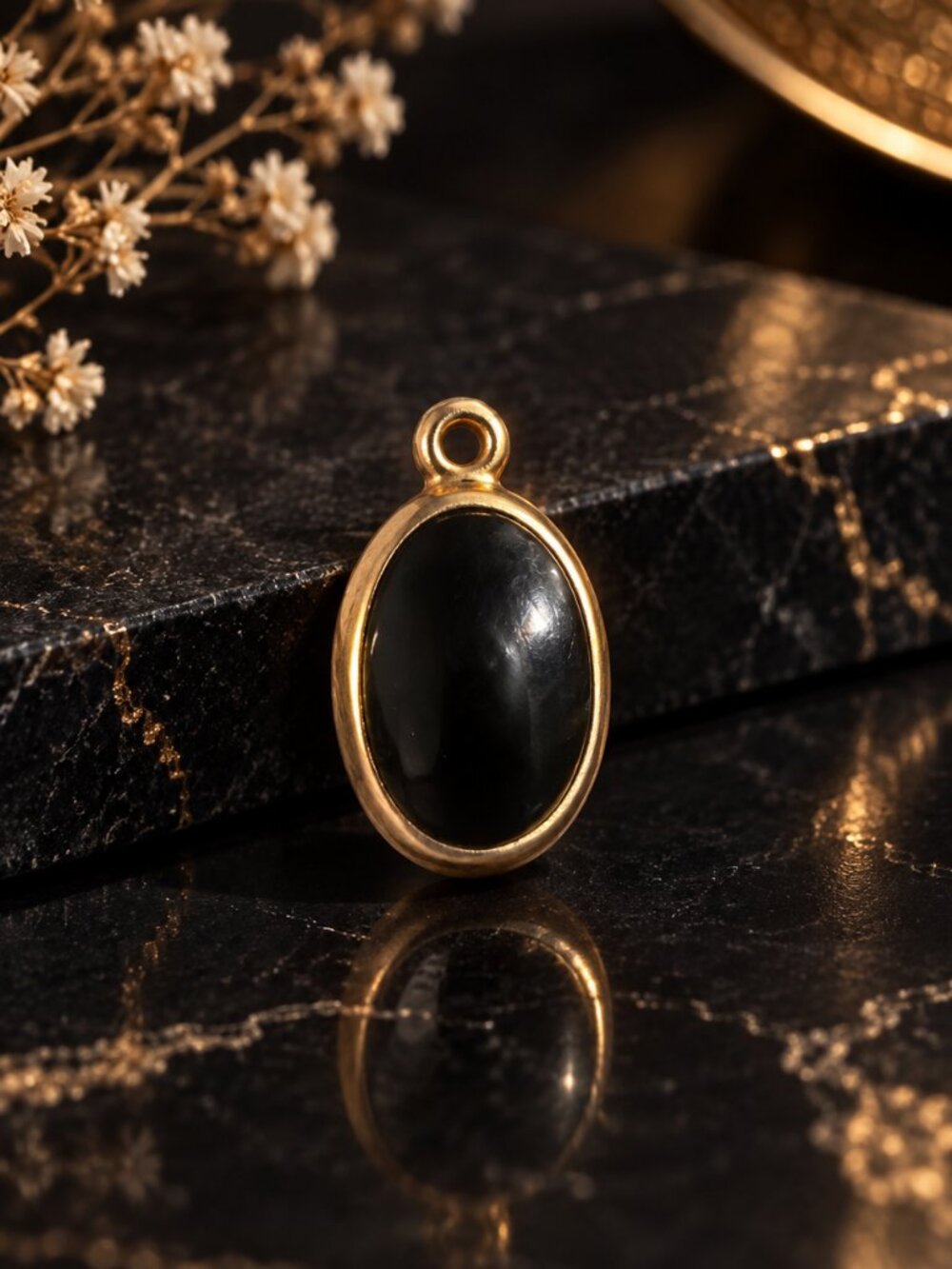 Vintage Anne Klein Gold Tone & Black Cabochon Oval Pendant / Charm